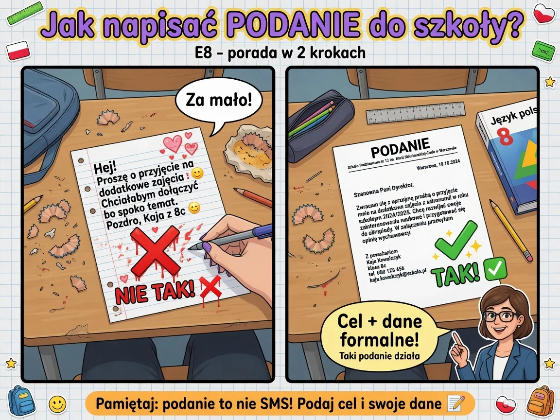 Komiks: podanie to nie SMS do kolegi — formalny układ i konkretny cel.