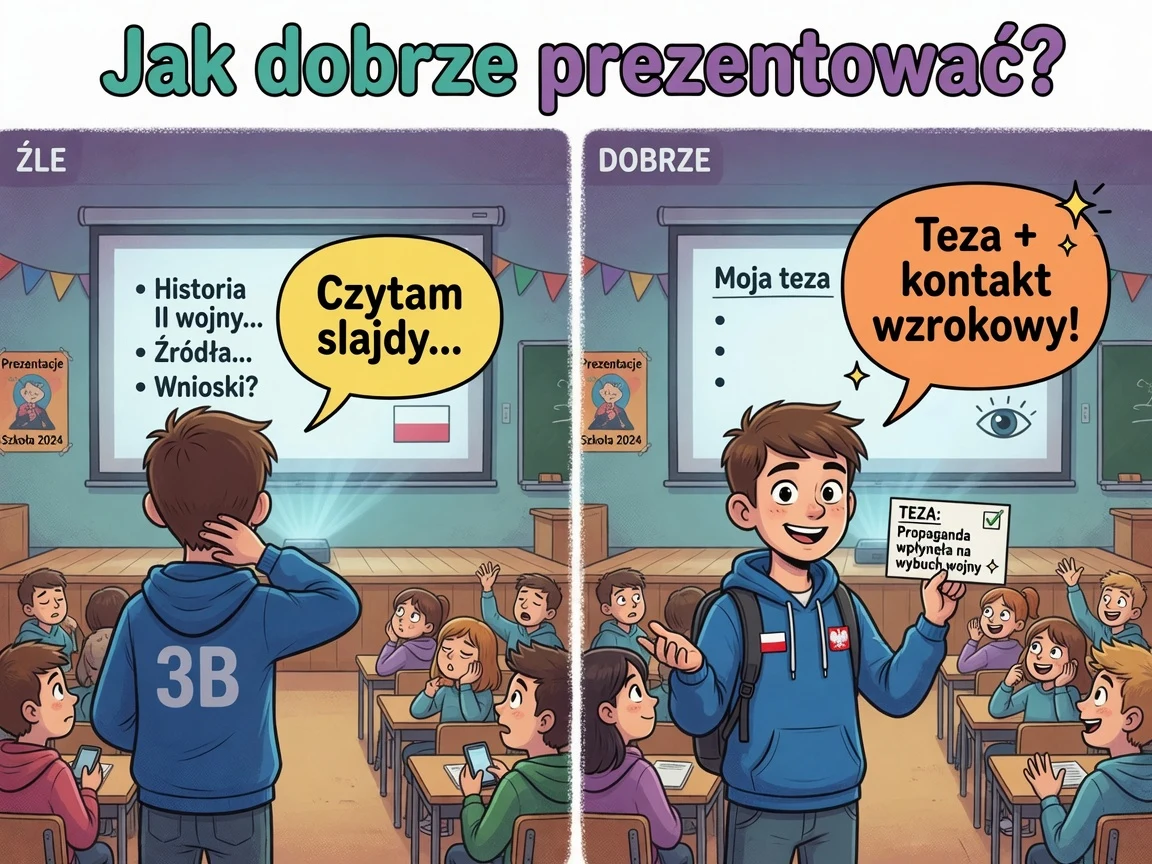 Komiks: mów do słuchaczy, nie do kartki — kontakt wzrokowy i jasna teza.