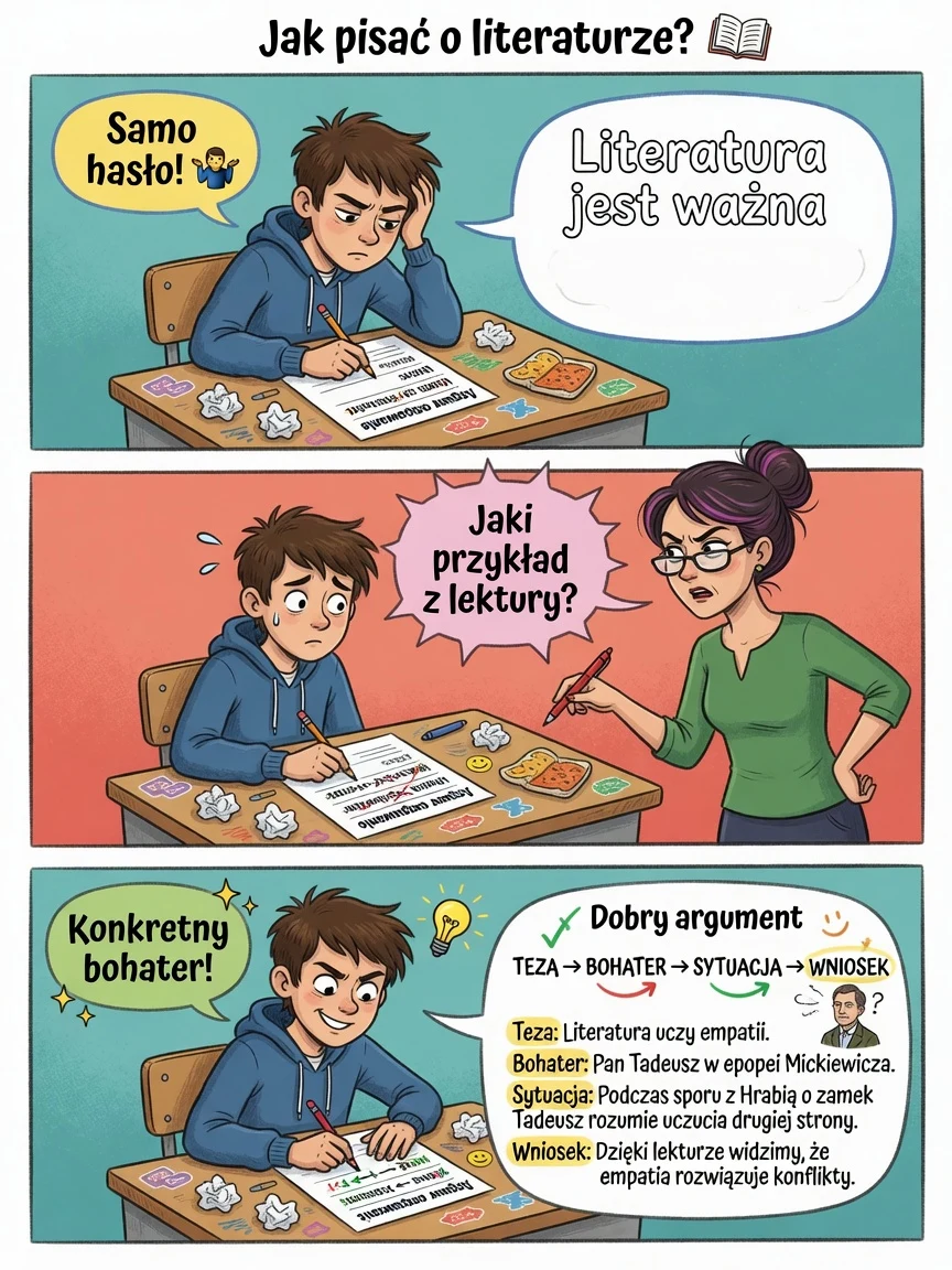 Komiks: sam argument bez przykładu z lektury obniża ocenę.