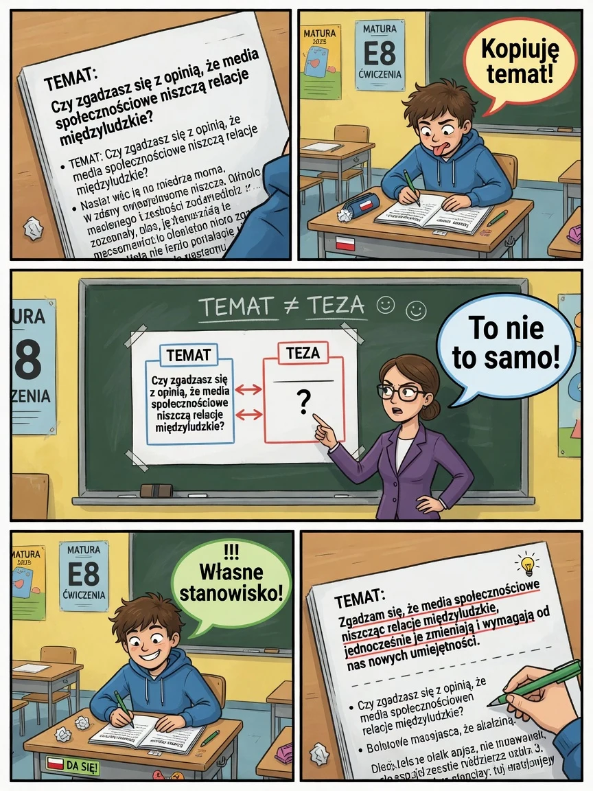 Komiks: teza to Twoje stanowisko, nie przepisanie tematu.