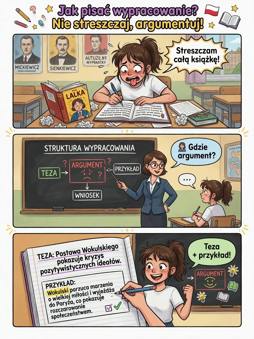 Komiks: rozprawka to argument z lektury, nie streszczenie całej książki.