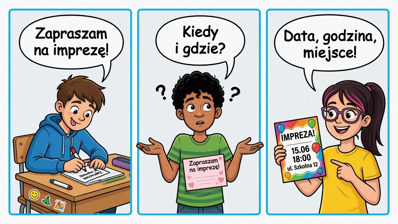 Komiks: zaproszenie musi podać kto, kogo, na co, kiedy i gdzie.