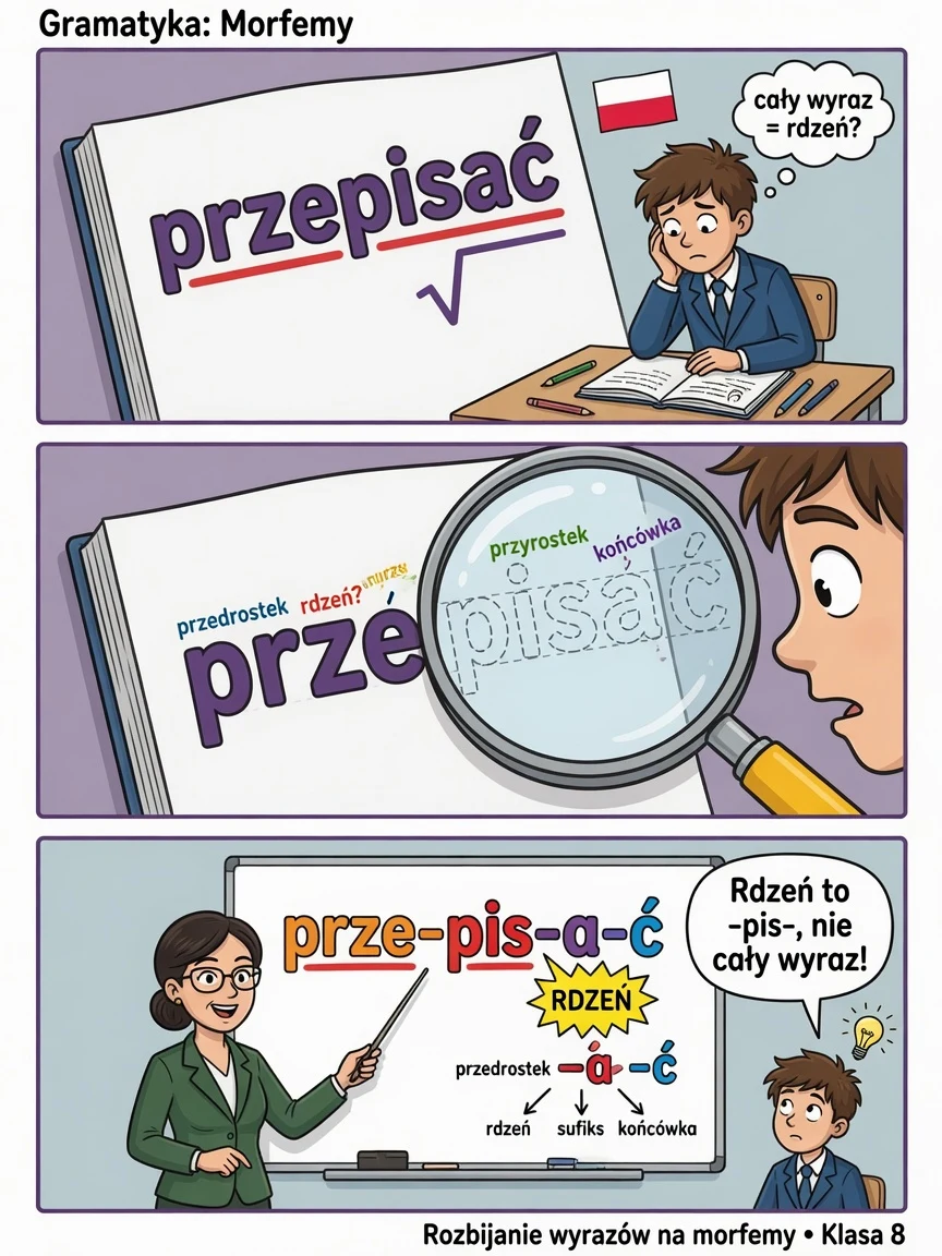 Komiks: przepisać to przedrostek + rdzeń + przyrostek + końcówka, nie jeden blok.