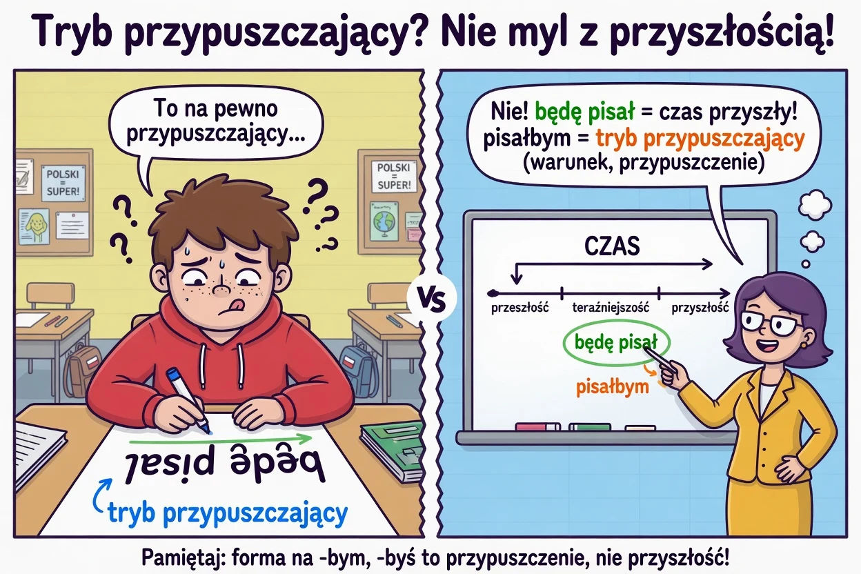 Komiks: „będę pisał” to czas przyszły, nie tryb przypuszczający.