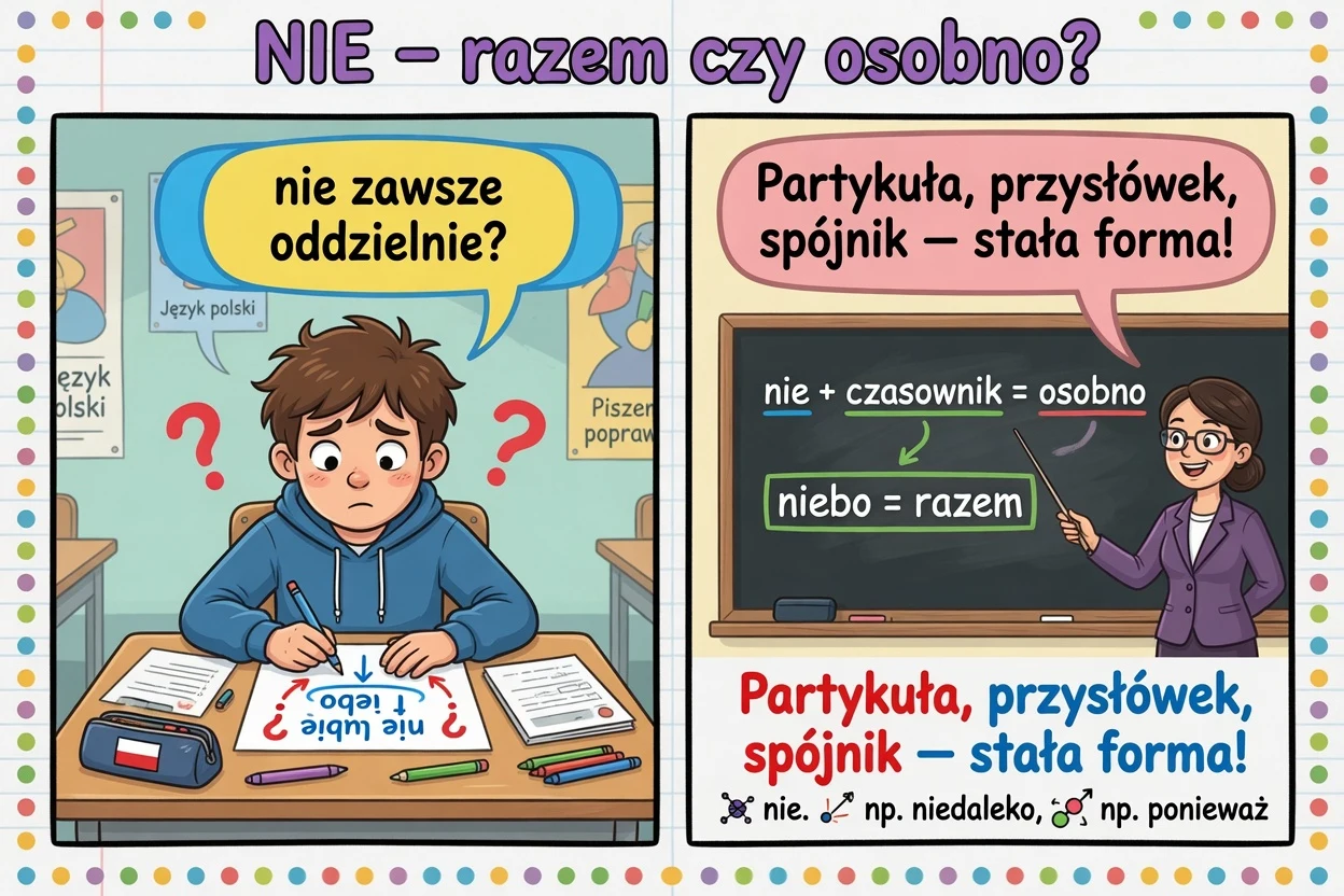Komiks: „nie” to partykuła — nie zawsze piszemy ją z czasownikiem oddzielnie.