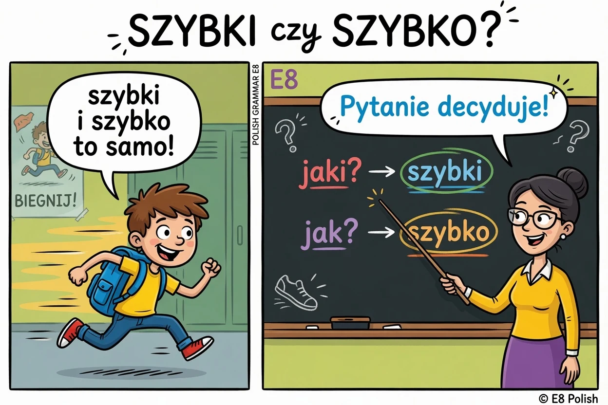 Komiks: szybki to przymiotnik (jaki?), szybko to przysłówek (jak?).