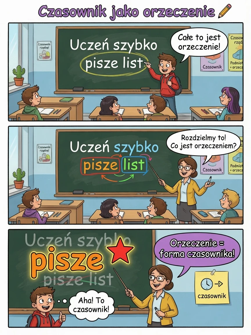 Komiks: orzeczeniem jest forma czasownika, nie cały wyraz z dopełnieniem.
