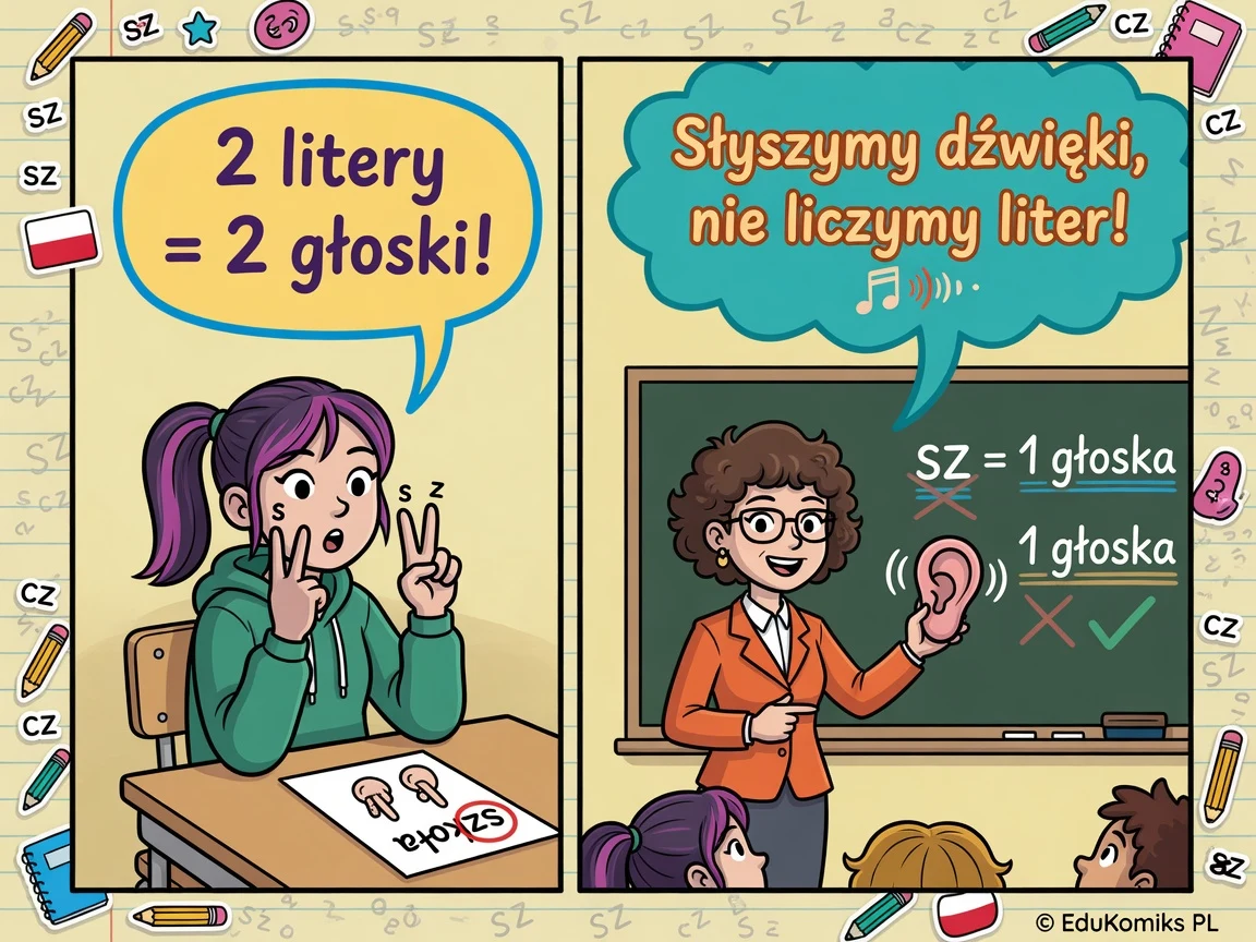 Komiks: sz to dwie litery, ale jedna głoska — słyszymy dźwięki, nie znaki.