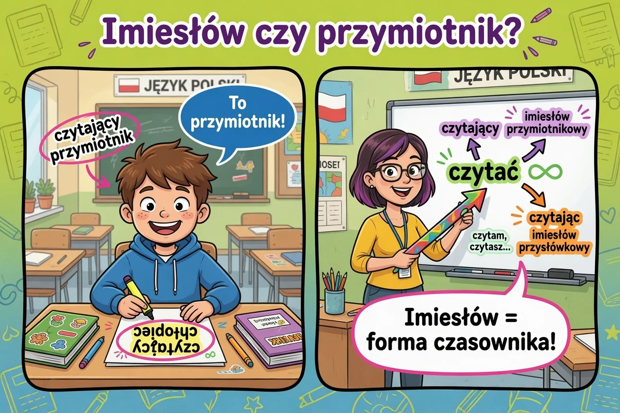 Komiks: czytający to imiesłów przymiotnikowy — forma czasownika, nie zwykły przymiotnik.