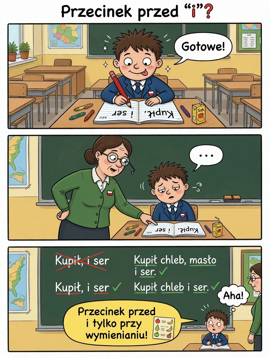Komiks: przecinka przed „i” nie stawiamy, chyba że wymieniamy (bułki, ser i mleko).