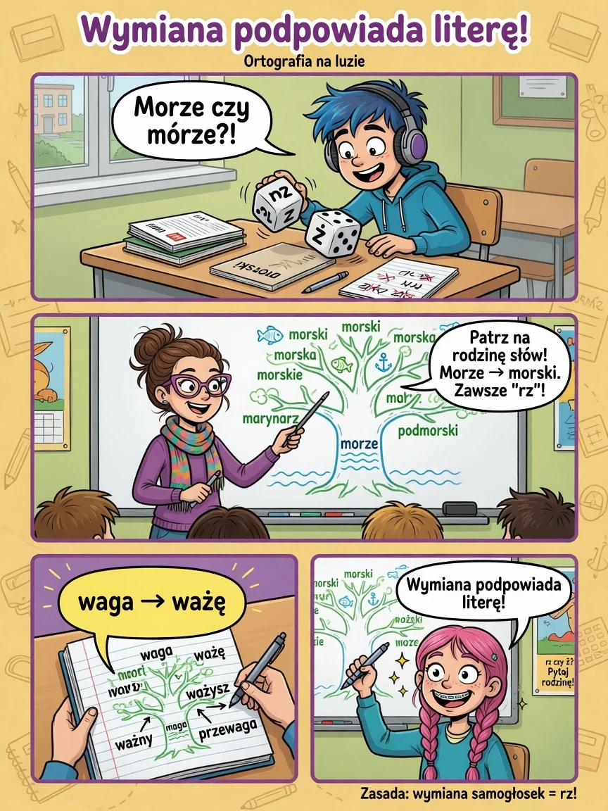 Komiks: morze i morski — ta sama rodzina wyrazów podpowiada pisownię.