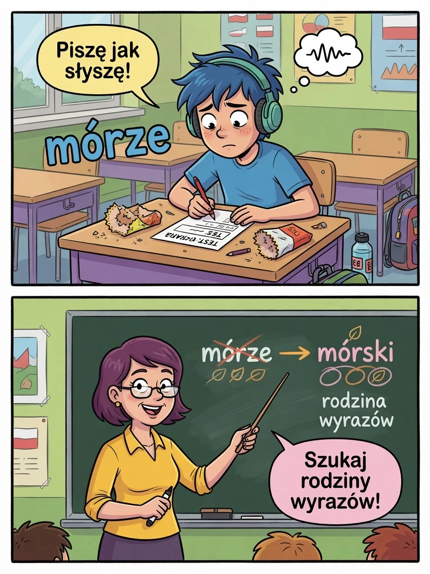 Komiks: nie zgaduj litery — sprawdź wymianę w wyrazach pokrewnych.