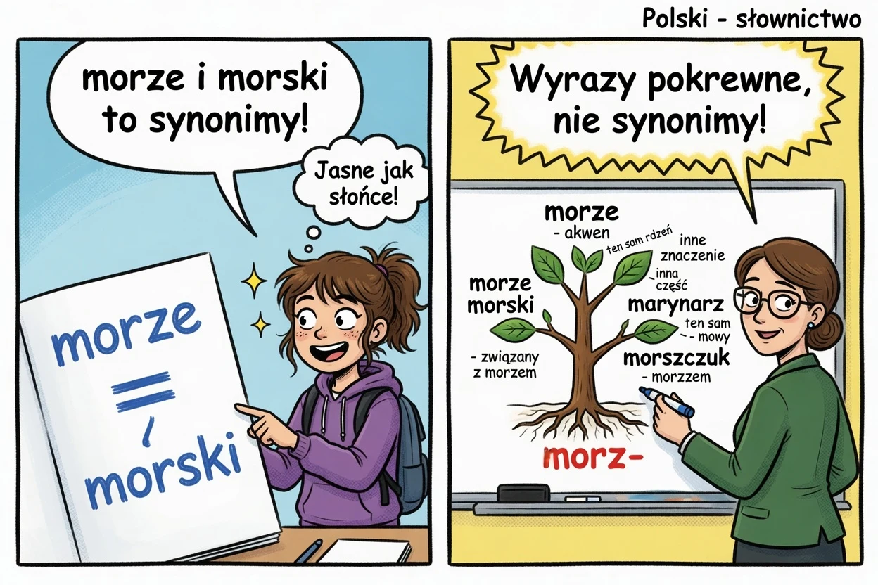 Komiks: morze i morski mają wspólny rdzeń — to nie synonimy.