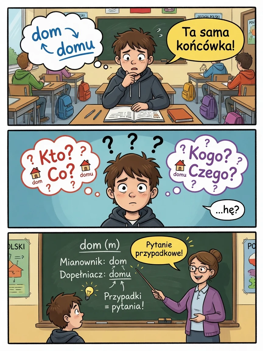 Komiks: dom, domu, domem — ten sam przypadek wymaga pytań, nie zgadywania końcówki.