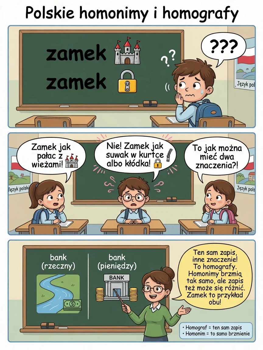 Komiks: zamek (budowla) i zamek (zamek błyskawiczny) — homonim, ten sam zapis, inne znaczenie.