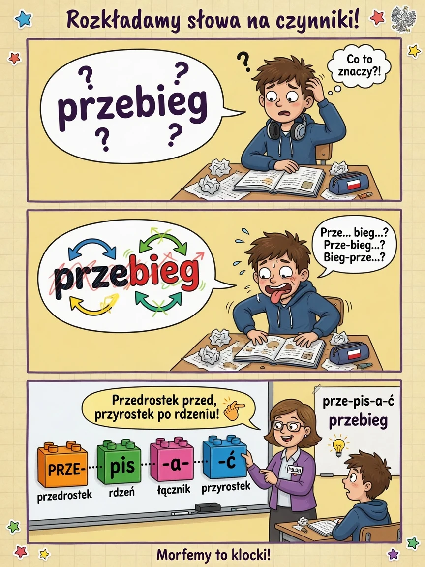 Komiks: przedrostek stoi przed rdzeniem, przyrostek po rdzeniu.