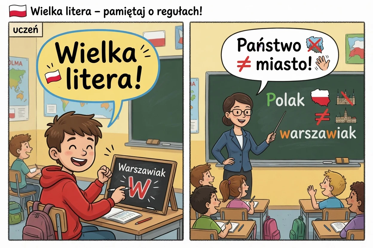 Komiks: Polak piszemy wielką literą, warszawiak — małą.