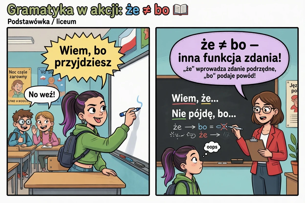 Komiks: „że” w zdaniu dopełnieniowym to nie to samo co „bo” w przyczynowym.