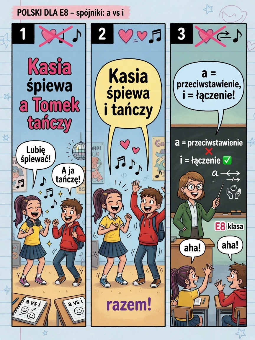 Komiks: spójnik „a” przeciwstawia (śpiewa, a on tańczy), „i” łączy (śpiewa i tańczy).