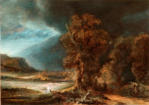 Rembrandt — krajobraz z motywem Dobrego Samarytanina.