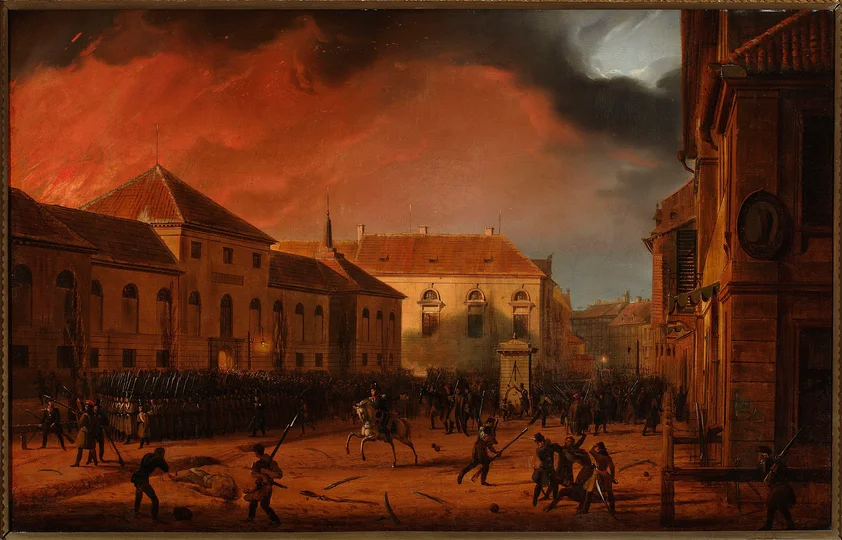 Obraz Marka Zaleskiego — zdobycie Arsenału w Warszawie (1830).